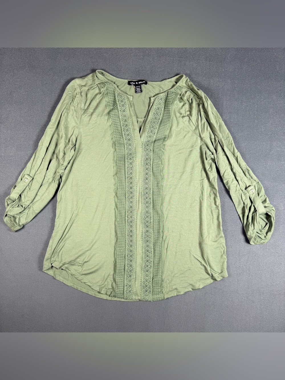 Light Green Crochet-Trim Split Neck Blouse